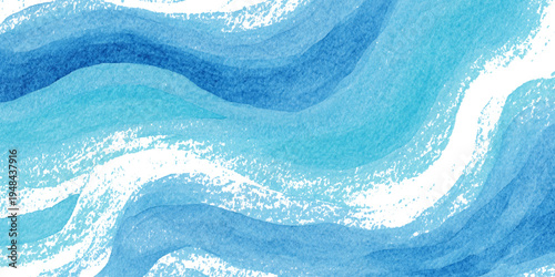 Blue ocean watercolor background with smooth flowing wave texture and artistic aqua paint illustration.