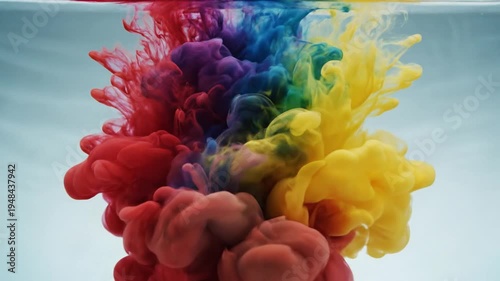Colorful ink clouds dispersing in water, creating a vibrant, swirling pattern, with ripples on the surface. Possible use in design or advertising