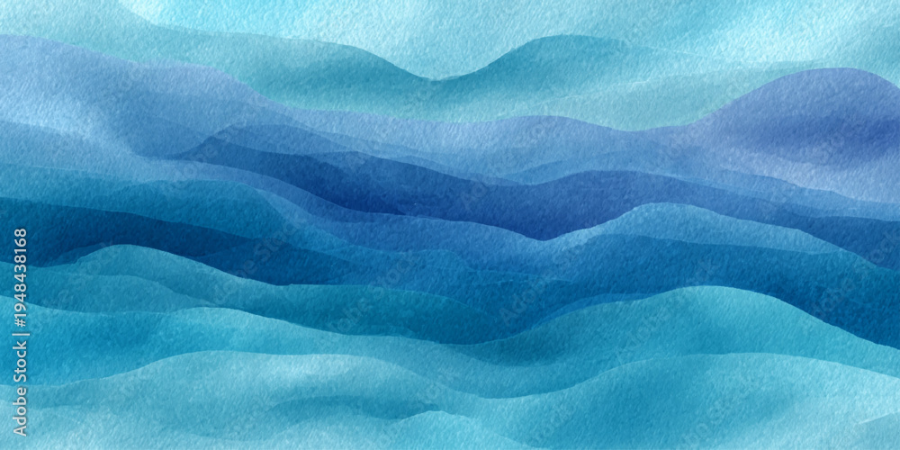Obraz premium Blue ocean watercolor background with smooth flowing wave texture and artistic aqua paint illustration.