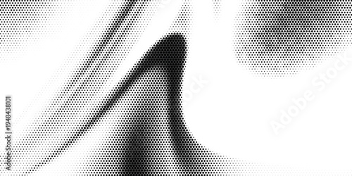 Hexagon halftone gradient texture. Abstract black grunge background. Geometric retro halftone tech overlay. Fading wavy hexagonal pattern backdrop. Vector vanishing honeycomb grunge bitmap wallpaper