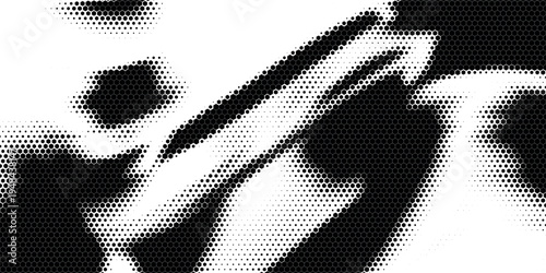 Hexagon halftone gradient texture. Abstract black grunge background. Geometric retro halftone tech overlay. Fading wavy hexagonal pattern backdrop. Vector vanishing honeycomb grunge bitmap wallpaper