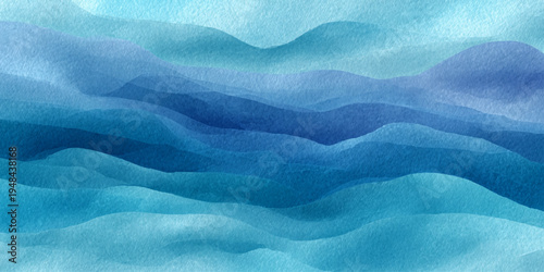 Blue ocean watercolor background with smooth flowing wave texture and artistic aqua paint illustration.