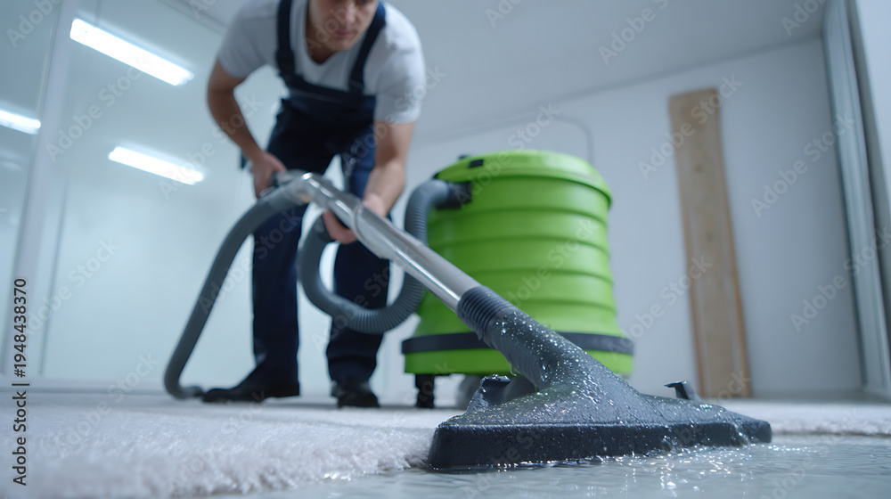 Fototapeta premium Professional Carpet Clean: Man Operate Wet Extractor Machine, Deep Clean Dirty Rug, Remove Stains, Restore Freshness in Bright Room