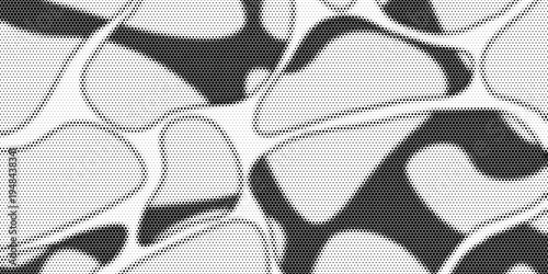 Hexagon halftone gradient texture. Abstract black grunge background. Geometric retro halftone tech overlay. Fading wavy hexagonal pattern backdrop. Vector vanishing honeycomb grunge bitmap wallpaper