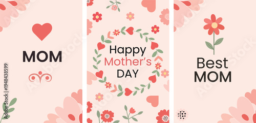 Happy Mother's Day greeting card with elegant pink floral frame, hand-drawn spring flowers and modern calligraphy lettering on white background for motherhood celebration. Vector illustration.