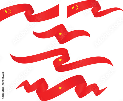 Set of Red China Flag Ribbons with Yellow Stars, Isolated Vector Collection