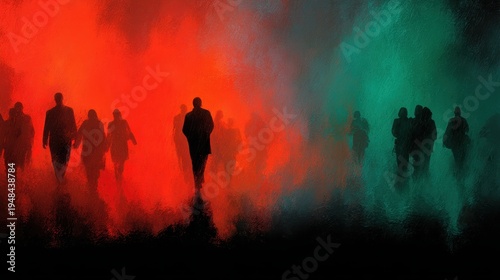 Juneteenth wide shot of people silhouettes walking through Pan-African red and green mist toward light