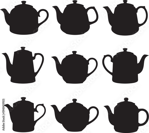 Collection of black teapot silhouettes vector illustration