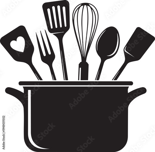 Black kitchen utensils in pot icon on colored background vector illustration