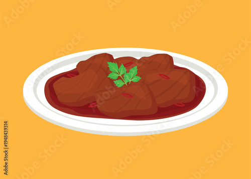 Rendang beef dish on plate asian food art vector illustration