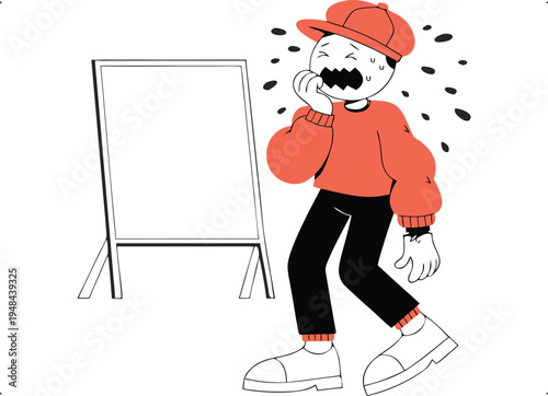 Cartoon Anxious Person Biting Nails by Blank Sign isolated on transparent background