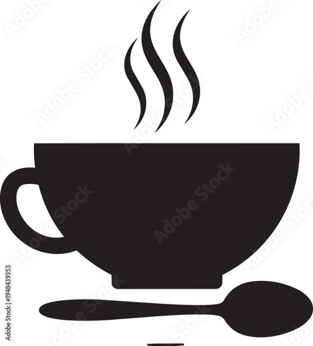 Black silhouette of a steaming cup of coffee with spoon on vector illustration