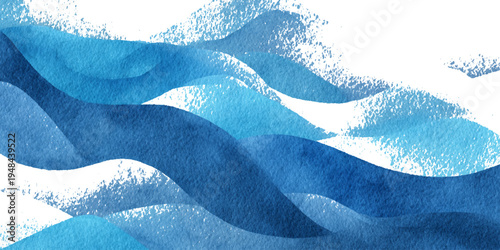 Blue ocean watercolor background with smooth flowing wave texture and artistic aqua paint illustration.