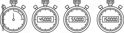 Vector line art set of digital and analog stopwatches with start stop buttons showing various time counts for sports, timing,