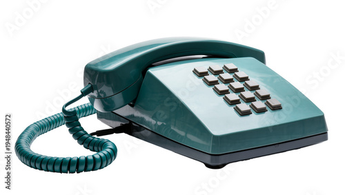 Foto Vintage teal push-button telephone with a coiled cord, a classic communication d