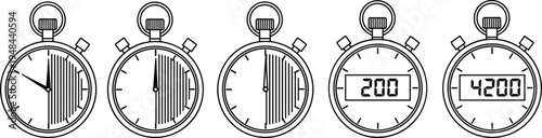 Stopwatch icon set, outline vector illustration of analog and digital timers for sports, competition, speed, time management, and countdown tracking.