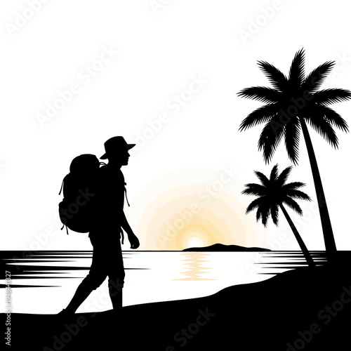 Silhouette of a male tourist walking.