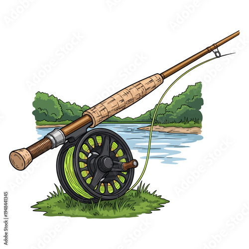 Fly fishing rod and reel with green line on grass with river and forest background illustration