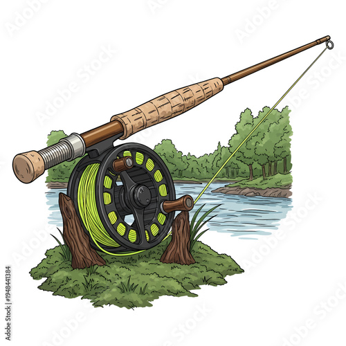 Fly fishing rod and reel with green line on grass with river and forest background illustration