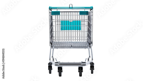 Fotografía Front view of a modern metal shopping cart with teal handle and plastic details,