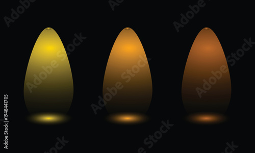 Three teardrop shaped lights with gradual color transition in a dark background