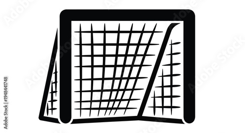 Simple black and white illustration of a soccer goal with netting