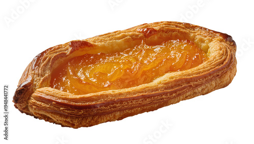 Fotografie Delicious golden-brown puff pastry with a sweet apricot fruit filling, a delecta