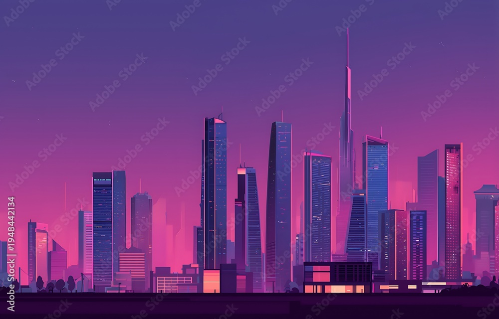 Obraz premium A vibrant cityscape at sunset with modern skyscrapers and a purple sky