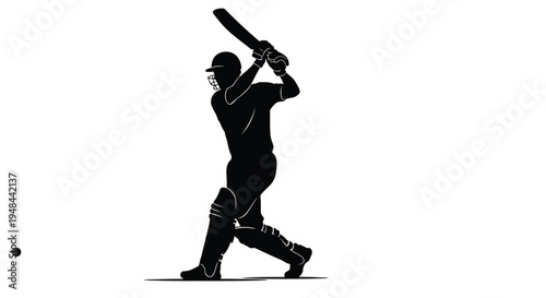Silhouette of a cricket batsman in mid swing ready to hit the ball