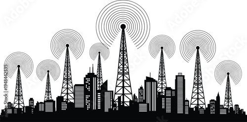 City Skyline Silhouette with Communication Towers and Radio Wave Signals for 5G Network, Wireless Technology, Telecommunication Infrastructure