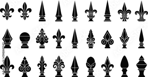Collection of black spearhead silhouettes and fleur-de-lis fence finials, featuring various decorative ironwork topper designs for gates and architectural railings