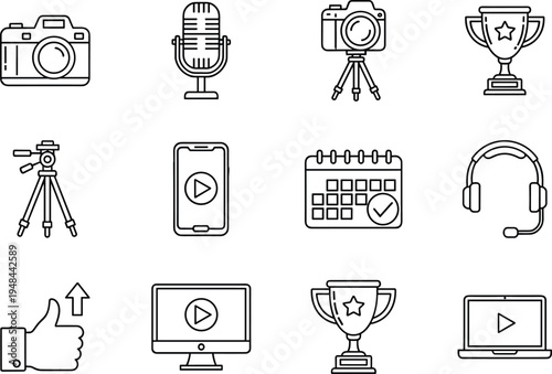 Vector set of black and white thin line icons featuring multimedia equipment, camera, microphone, trophy, tripod, and digital content creation tools
