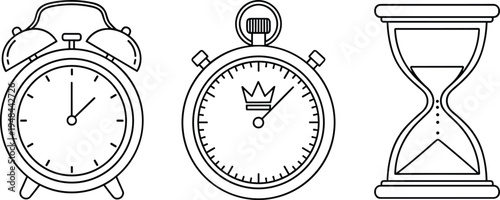 Set of three minimalist black and white line art icons featuring a vintage alarm clock, stopwatch with crown, and hourglass.