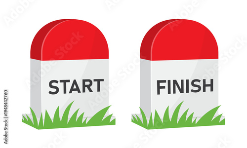Start finish road milestone markers race route distance signposts for marathon running navigation path journey vector illustration.
