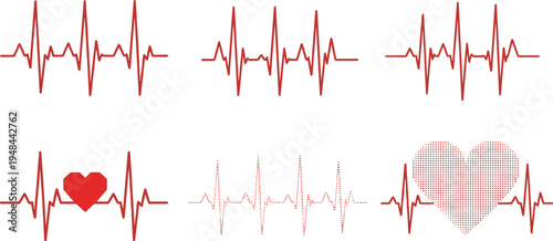 Set of Red Heartbeat Pulse Line Icons with Heart Shapes Representing Cardiology Health Monitoring Medical Diagnostic Symbols and Electrocardiogram Graphics