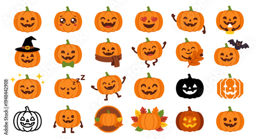A collection of cartoon pumpkins with different facial expressions and Halloween elements arranged on a white background.