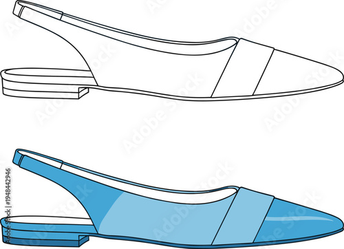 Blue slingback flat shoes cad drawing flat vector illustration, outline fashion sketch of women summer footwear for apparel design, clothing.