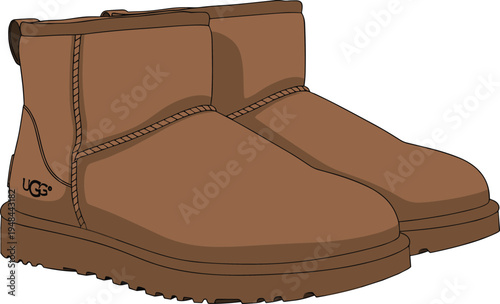 Technical fashion sketch of brown sheepskin winter boots with soft lining and thick rubber soles for footwear design templates, cad drawing flat vector illustration