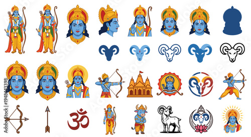 A collection of illustrations depicting the Hindu deity Rama, along with related symbols.