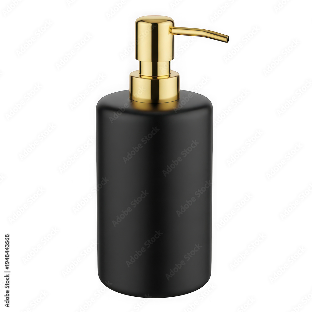 Obraz premium Modern black soap dispenser with golden pump isolated on transparent background transparent background