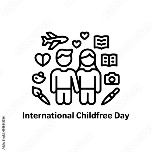 International childfree day icon set with happy couple and hobbies