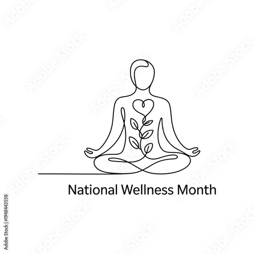 National wellness month yoga meditation line art single continuous line