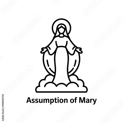 Assumption of mary line art illustration in clouds with halo religious symbol
