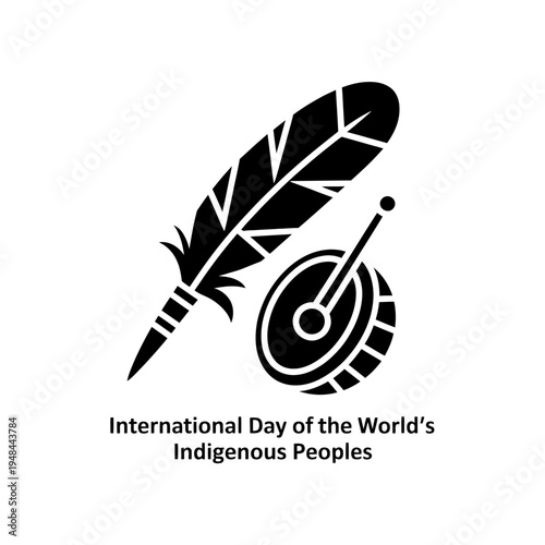 International day of worlds indigenous peoples symbol with feather and drum icon