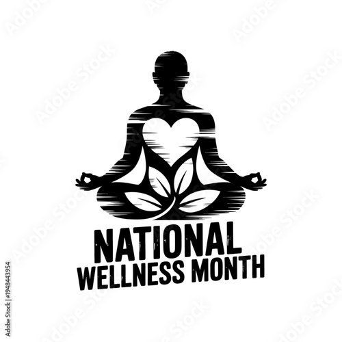 National wellness month silhouette with yoga pose heart and leaves illustration
