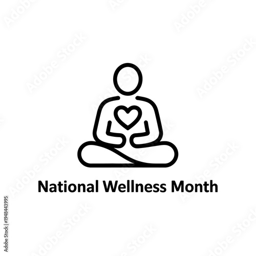 National wellness month icon featuring person in meditation pose with heart logo