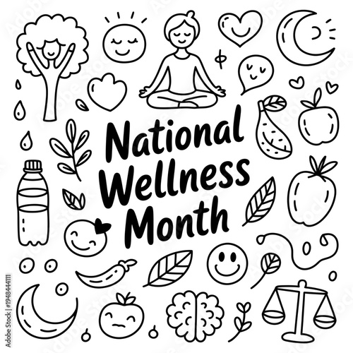 National wellness month doodle collection hand drawn with outline style