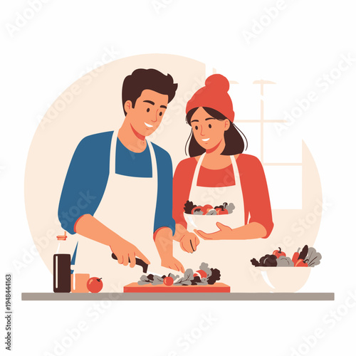Couple in Aprons Happily Preparing Fresh Healthy Food Together on a Kitchen Countertop