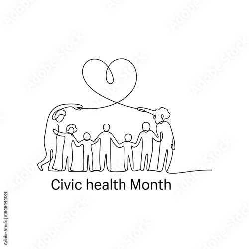 Family holding hands in heart shape line art for civic health month