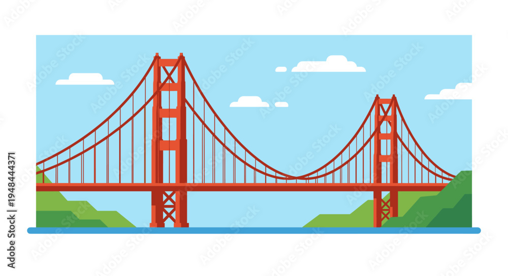 Fototapeta premium Vector illustration of the Golden Gate Bridge spanning water, with green hills and a blue sky with clouds.